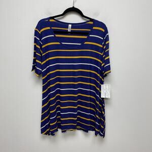 LuLaRoe Womens Blue Yellow Striped Scoop Stretch Swing Tunic Perfect T-Shirt L
